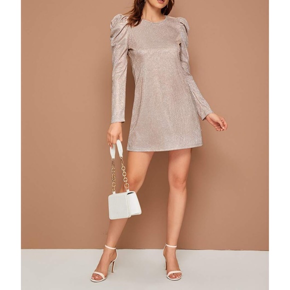Nude Glitter Puff Sleeve Shift Party Dress - Picture 3 of 8